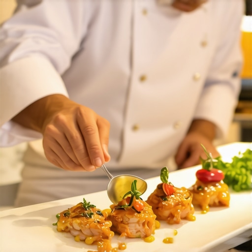 Private chef elegantly plating gourmet dishes in a high-end kitchen