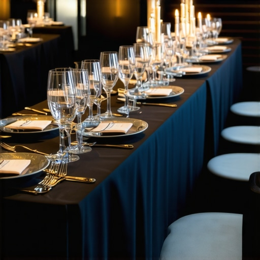 A beautifully arranged private dining table with fine china, candles, and floral centerpieces.