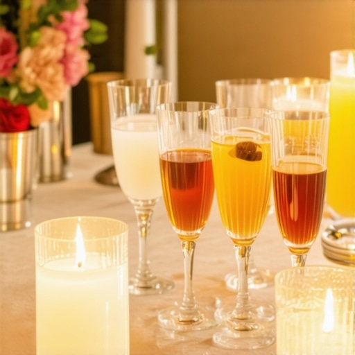 Upscale wedding beverage bar with decorative elements and ambient lighting