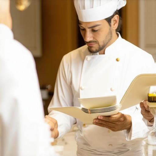Chef consulting with clients at a wedding event, showcasing upscale cuisine