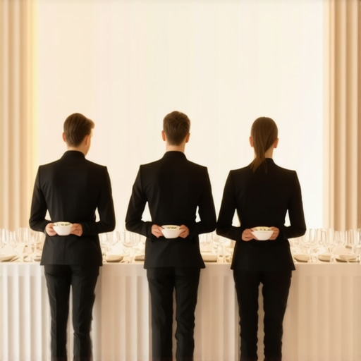 Three professional servers in coordinated uniforms providing seamless service at an upscale event
