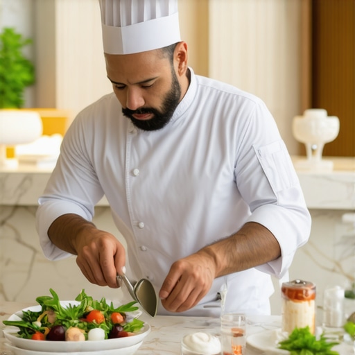 Private chef arranging vibrant, artistically plated dishes at an elegant table.