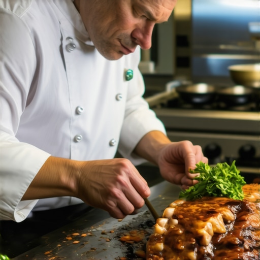 Private chef meticulously preparing a gourmet dish in an upscale kitchen environment
