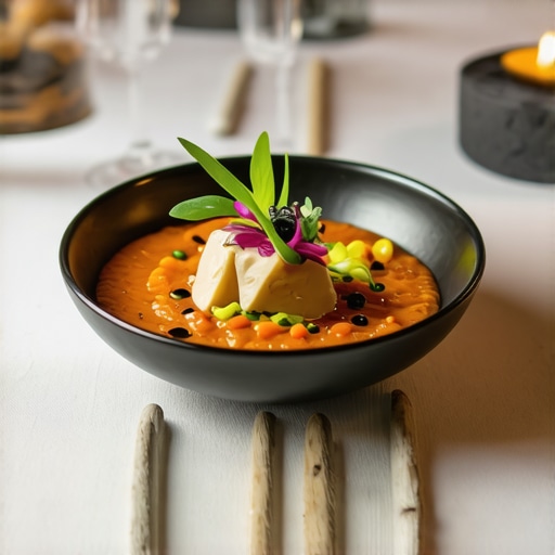 Chef presenting an avant-garde dish with aromatic vapors and vibrant visual aesthetics