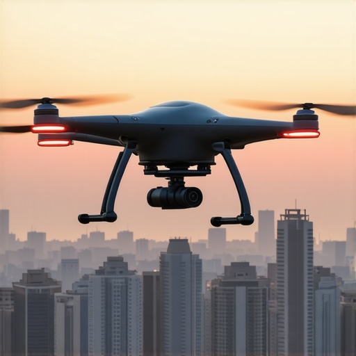 Autonomous drone delivering packages in a cityscape at sunset.