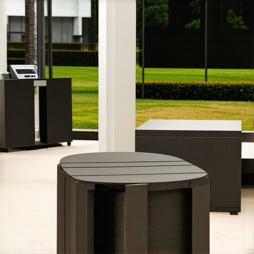 Modern outdoor staff break area with weather-resistant furniture and climate control