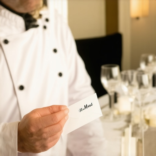 A private chef handing a customized tip envelope to a guest at an upscale dinner event.