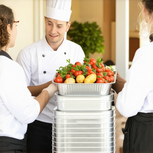 Catering staff using insulated carriers to deliver gourmet dishes to an event venue.