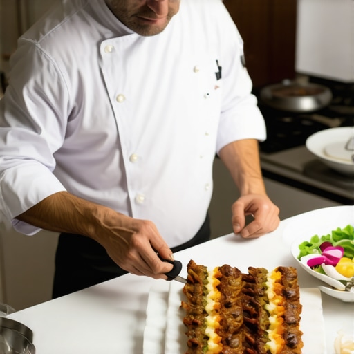 A chef preparing a high-end meal with fresh ingredients in a professional kitchen.