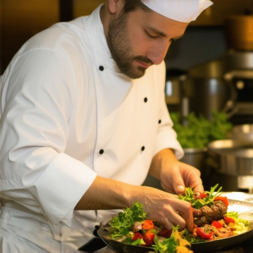 A private chef cooking artisanal dishes in a sleek kitchen for corporate catering