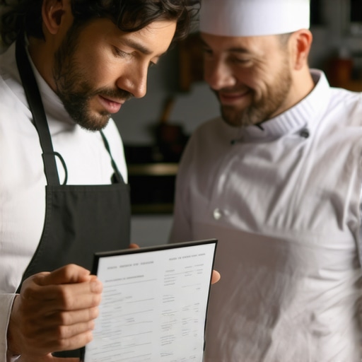 Chef and client examining an invoice together in an upscale kitchen