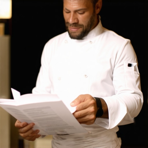 Chef analyzing insurance certificates and legal contracts for an upcoming high-end event