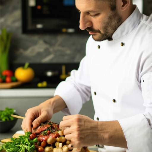 Professional private chef dressed in a crisp white uniform in a contemporary kitchen setting.