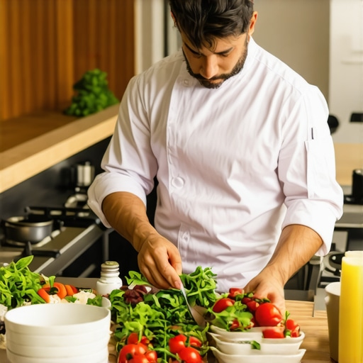 Chef preparing a meal with fresh vegetables and herbs sourced locally in a contemporary kitchen.