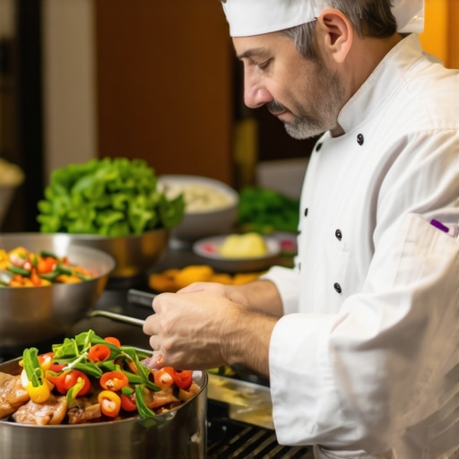 Private chef preparing gourmet dishes in a upscale kitchen