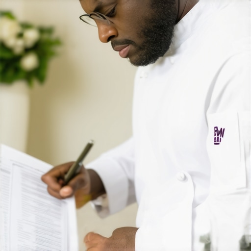 Chef examining insurance and legal papers in an upscale home setting
