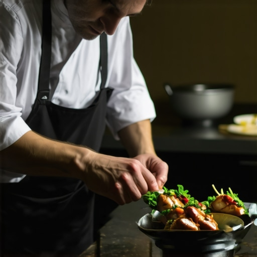Chef preparing high-end gourmet meal in a sleek kitchen setting.