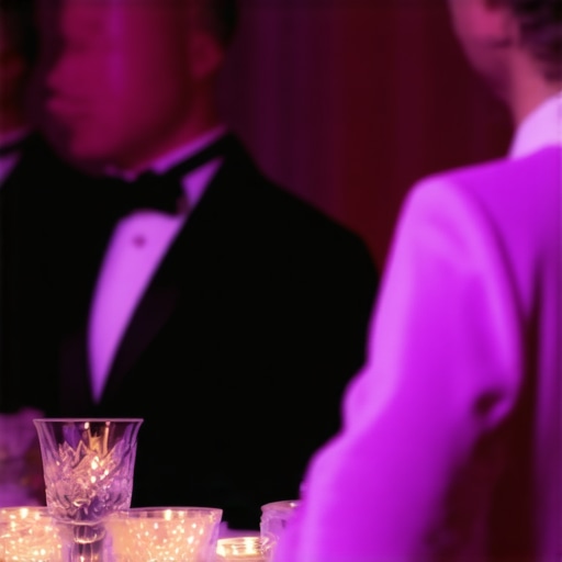 Wedding servers attentively serving guests in formal attire at a luxury event