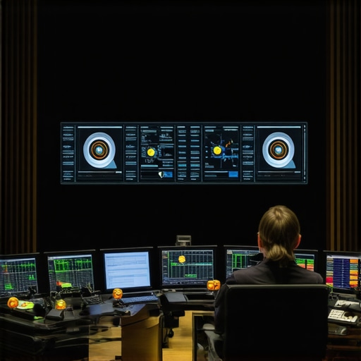 A modern control center monitoring live event operations with multiple screens showing data