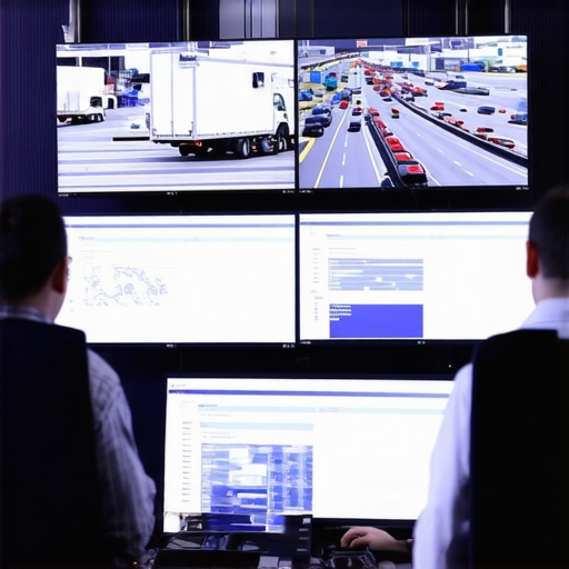 A sophisticated control room with multiple monitors displaying live traffic data and delivery routes.