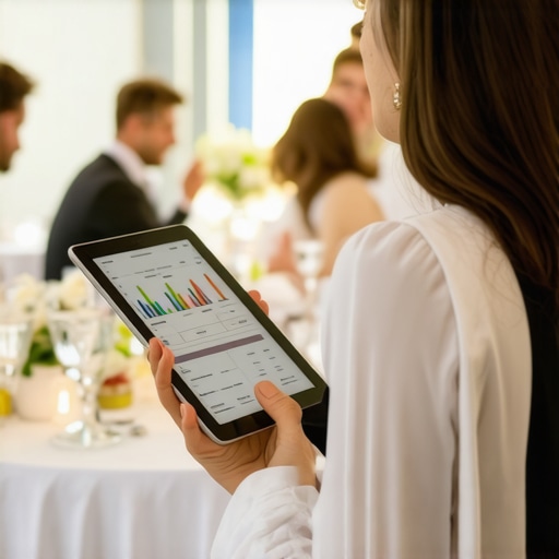 Event coordinator using tablet to oversee staff performance during wedding reception