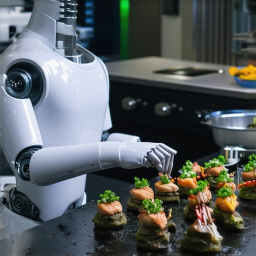 A sleek robotic arm plating gourmet food at a luxury event