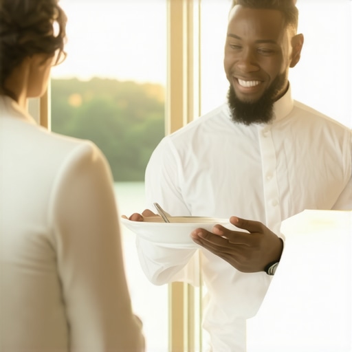 Server providing attentive service discreetly to a guest at a high-end wedding