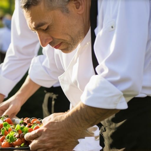 A professional wedding chef and servers coordinating during an outdoor event