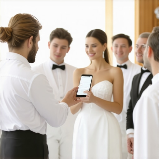 Wedding servers utilizing a mobile app for coordination during a high-end event.