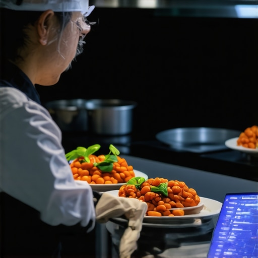 IoT sensors and smart containers tracking food quality in a luxury event kitchen.