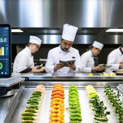 Modern private event kitchen with IoT devices and digital control panels.