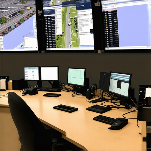 A control room with digital screens displaying logistics and traffic management data