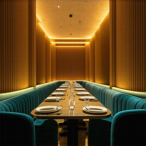 Elegant private dining area with adaptive lighting and modular furniture for intimate culinary events.