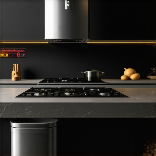A high-tech kitchen setup with real-time data monitors and eco-friendly waste bins