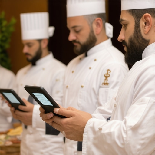 Private chefs and servers collaborating with digital communication tools during an upscale gathering.