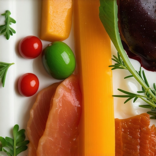 A detailed view of an artfully plated haute cuisine dish demonstrating color and texture contrast.