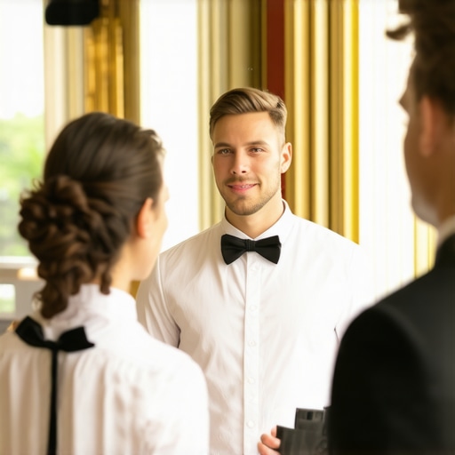 Close-up of professional event staff providing service to distinguished guests in an opulent venue