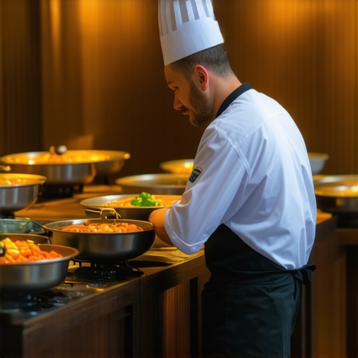 Private chef utilizing cutting-edge kitchen equipment during wedding setup