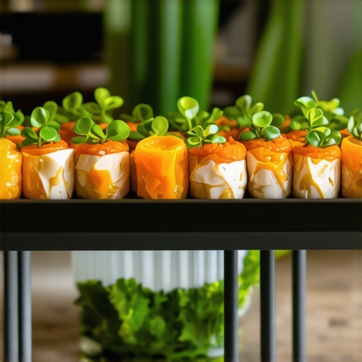 Elegant event table with biodegradable plates, lush greenery, and ambient lighting emphasizing eco-friendly catering.