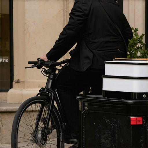 Electric bike delivering reusable catering containers at a high-end event venue