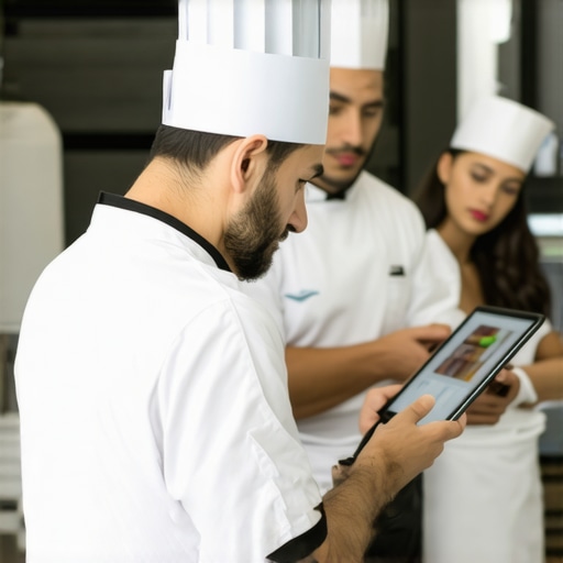 Chef using digital device in a modern kitchen with tech tools for ingredient management.