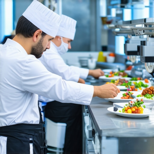 Modern kitchen with robotic and automated culinary tools for large-scale events