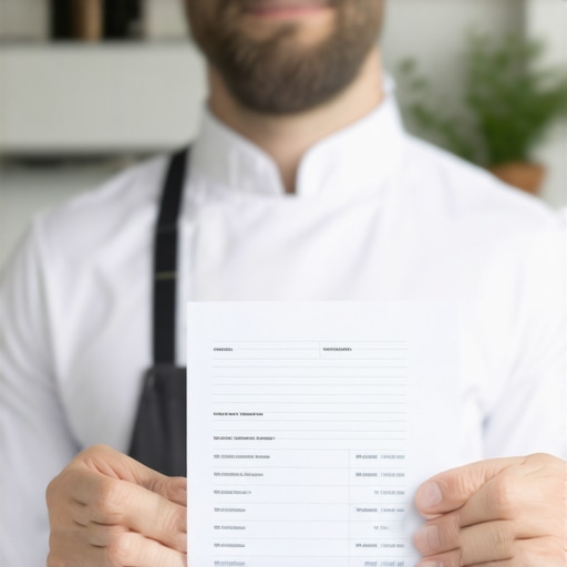Chef showing a detailed invoice to a client at a private event.