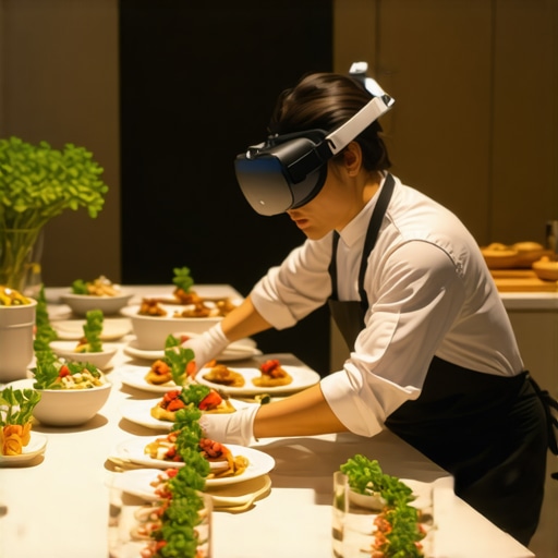 Chef using virtual reality headset to visualize gourmet food presentation for a corporate event.