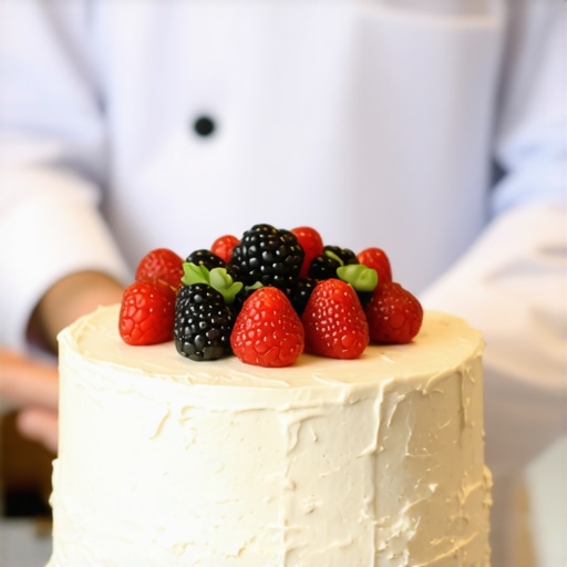 A wedding server carefully preparing to present the cake at a luxurious wedding reception.