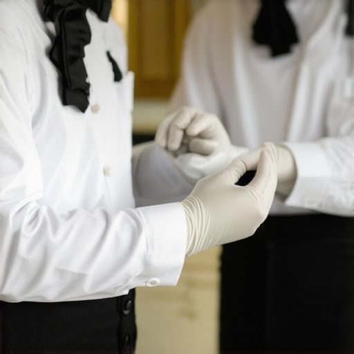Elegant wedding servers in pristine uniforms practicing hand hygiene and proper utensil handling.