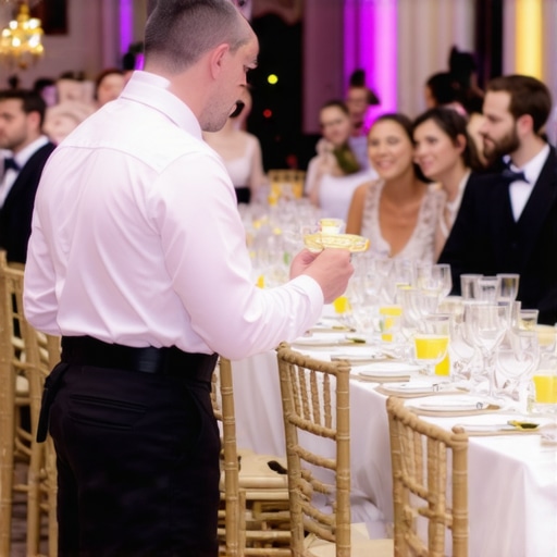 Servers providing personalized service to wedding guests in a luxurious setting.