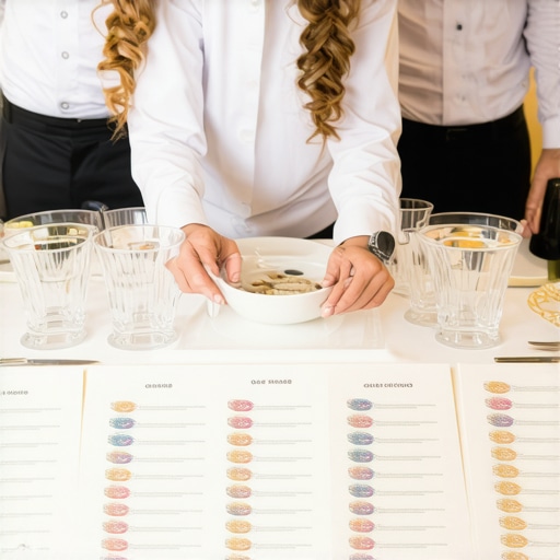 Wedding servers reviewing a detailed menu chart in a luxurious banquet hall.
