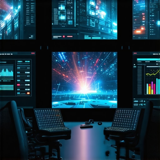 A modern control room with digital screens showing live logistics analytics at an event management center.