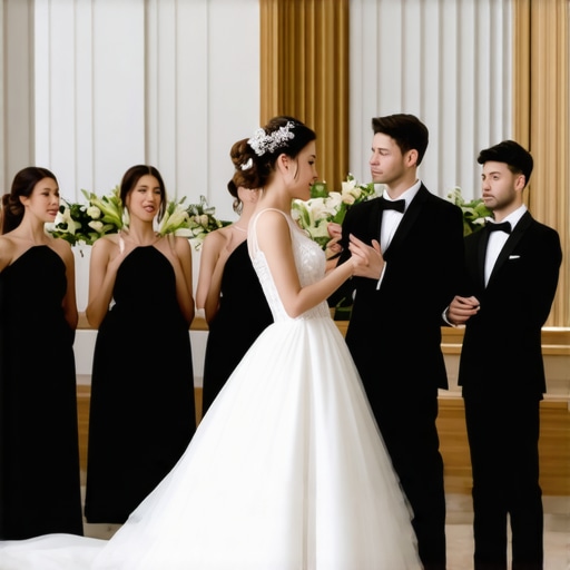 Guests interacting with augmented reality displays at a modern wedding venue, with staff using digital devices for service management.